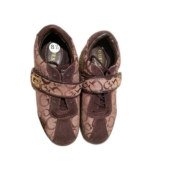 Authentic Guess Sneakers 8.5 Women’s Brown Monogram NWOB  canvas gold accents - Picture 7 of 12